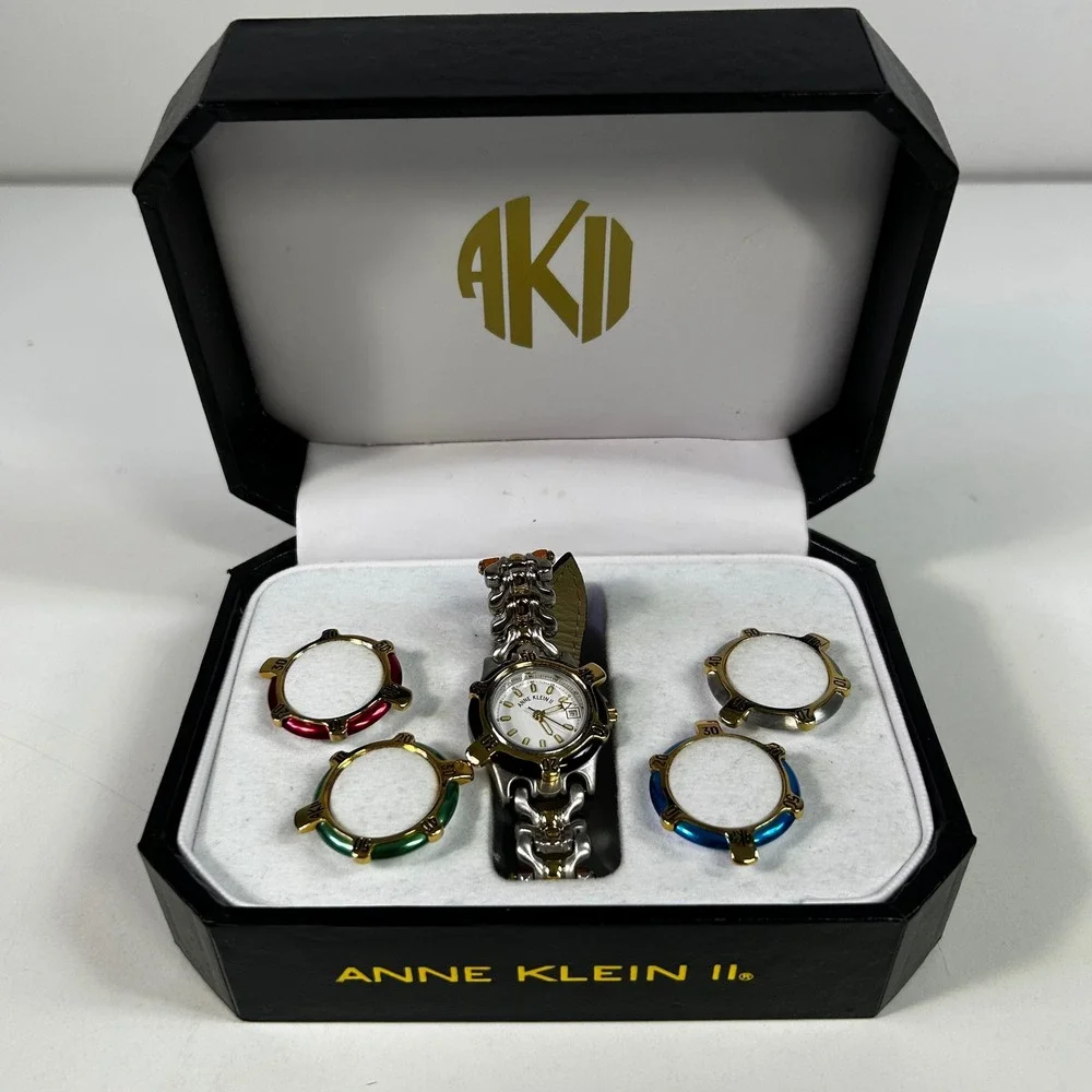 Anne‎ Klein II Vintage Watch Set Two Tone Leather Strap 4 Interchangeable Bezels